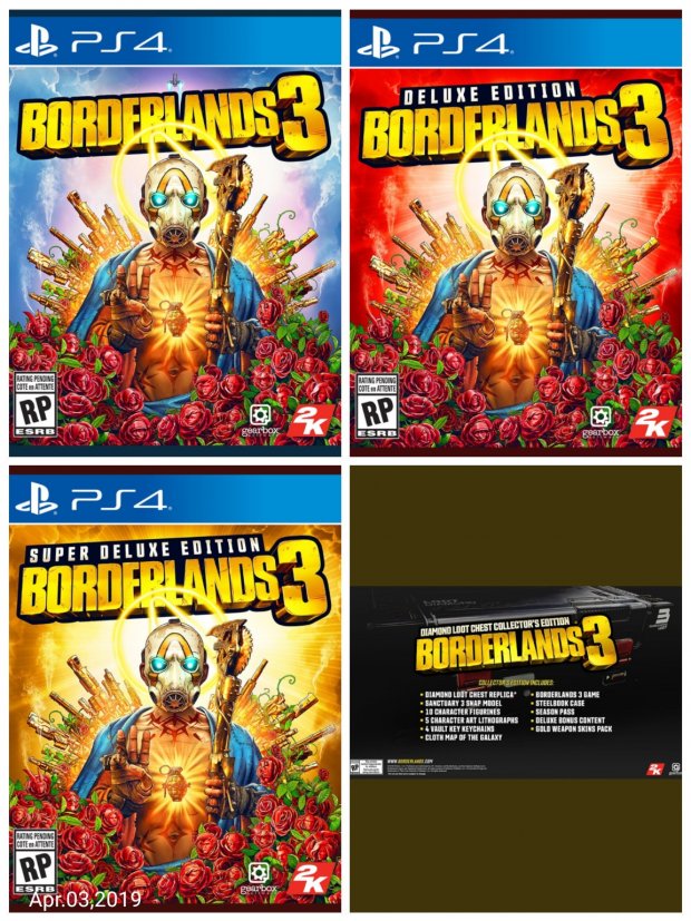 Borderlands 3 box art + Deluxe Edition + Super Deluxe Edition + Diamond Loo